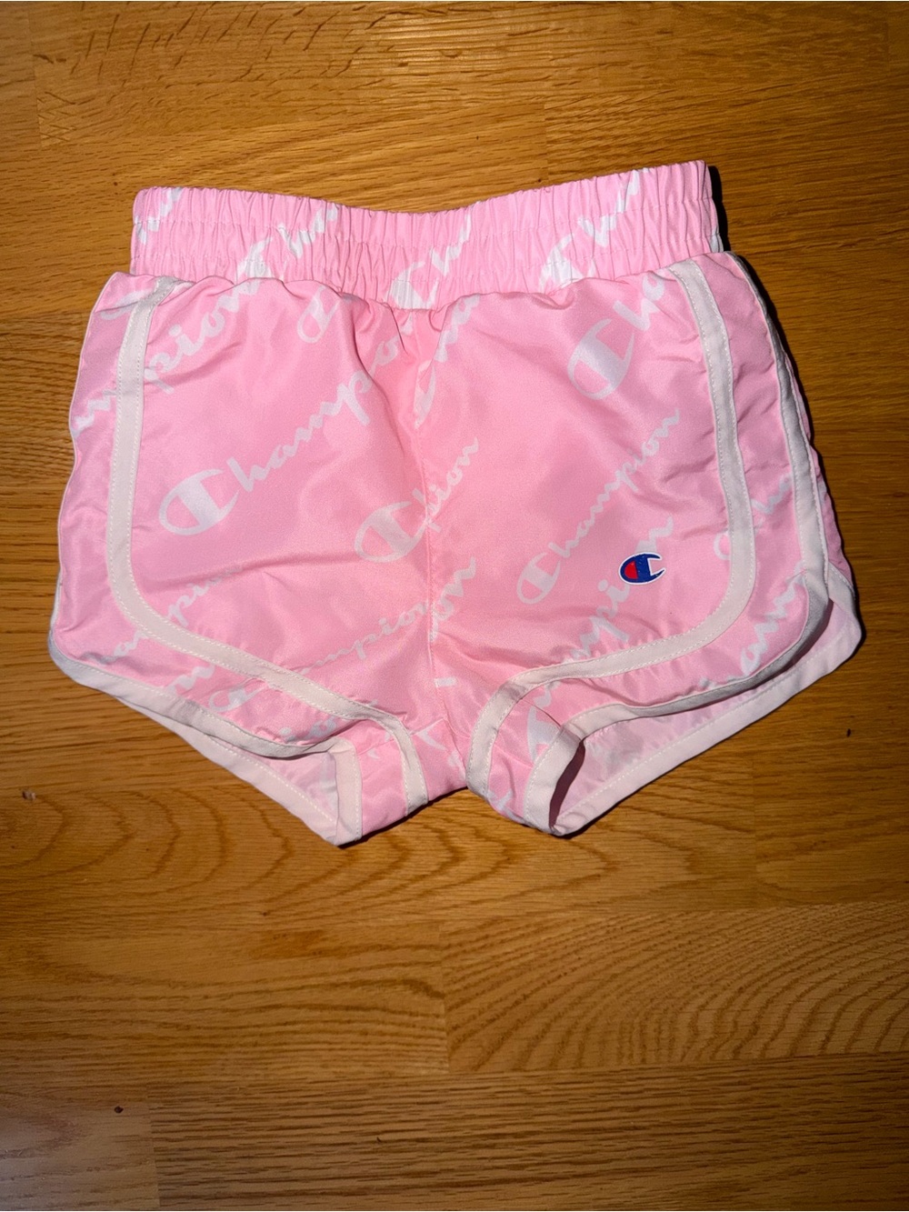 Champion Pink Logo Print Athletic Shorts with White Trim